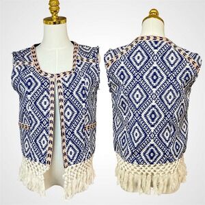TULAROSA Blue White Geometric Boho Fringe Vest Jacket Women's Size M